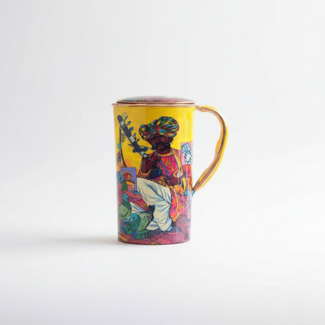 Pure copper printed jug padharo mhare desh design rajsthanimusician, 1500 ML